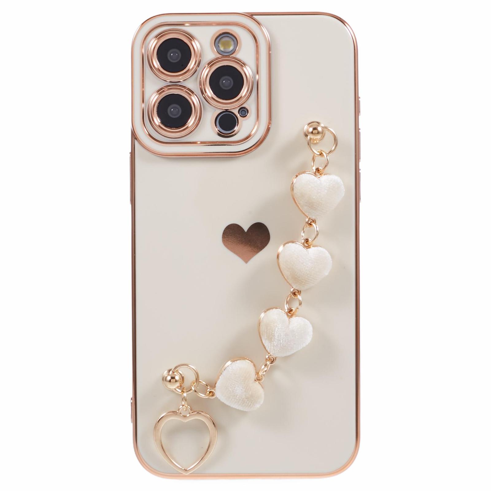 

For iPhone 14 Pro Max Electroplating Phone Case Soft TPU Back Cover with Plush Love-Heart Strap White