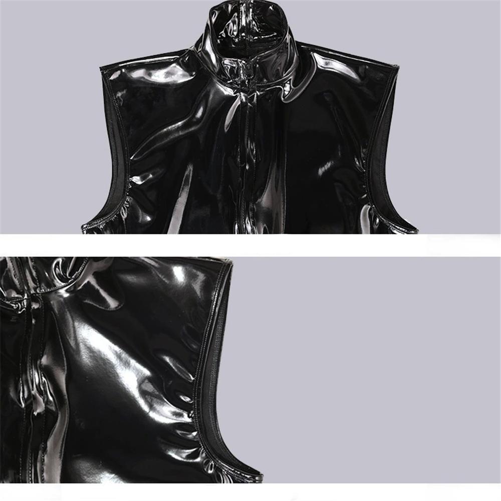 Sexy Men Elastic Pu Bodysuit Sleeveless Zipper Open Crotch Sexy Tights Pvc Latex Glossy Shiny Stage Dance Wear Plus Size