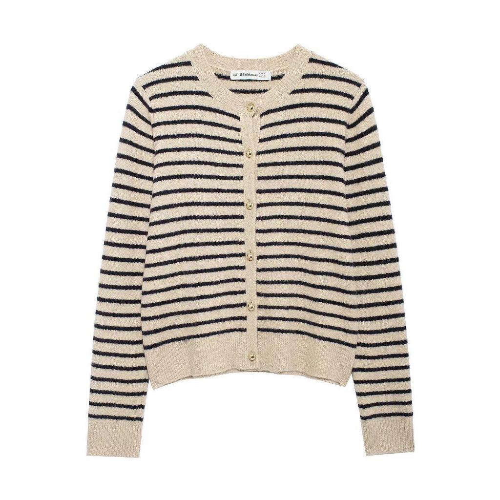2024 Autumn Striped Print Long-Sleeve Knit Cardigan for Women