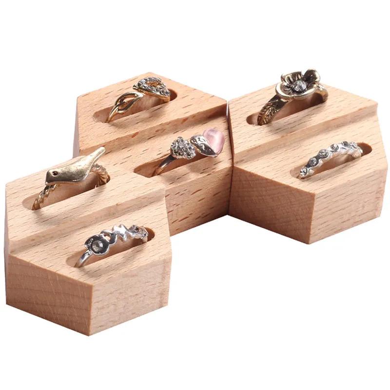 Box Two-Tier Holder Stand For Jewelry Showcase Anti-Slip Base Geometric Design Ring Display Stand Wooden Rings Holder Geometric