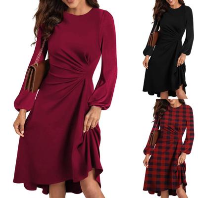 Women's Fashion Round Neck Pullover Long Sleeve Slim Split Irregular Dresses