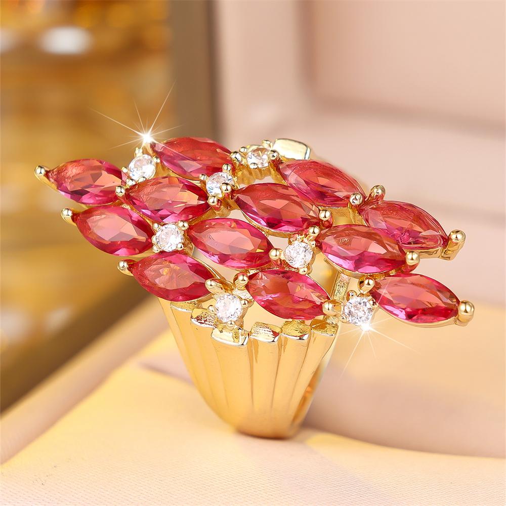 Geometric Marquise Stone Rose Red Crystal White Zircon Rings For Women Vintage Gold Color Engagement Bands Wedding Jewelry Gifts