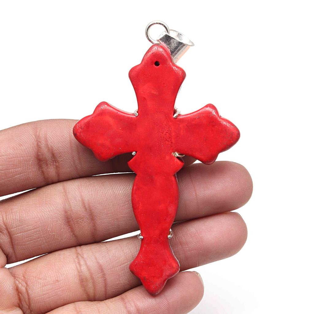 Pendant Red Coral CrosGemstone Handmade Ethnic Silver Jewelry 3.5"
