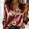 Dames Satin Effen Basis Grote Rozen Bloemenprint Blouse Lange Mouw Kraag Knopen Blouse Elegant Kantoorfeest Dames Meerkleurig Top