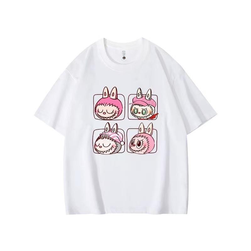 Summer Round Neck Labubu Pattern Printed Top Fashionable Casual Pure Cotton Short Sleeved Women's T-shirts