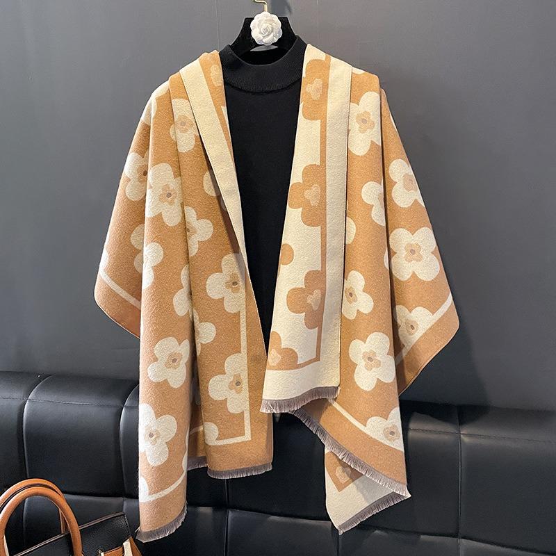 Autumn and winter versatile double-sided two-color flower design shawl women's dual-purpose extended warm imitation cashmere scarf