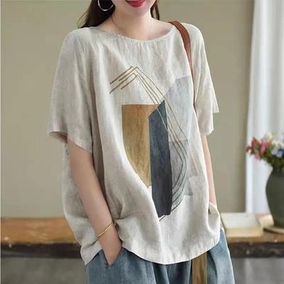 Damen Sommer Retro Lässig Literarisch Lockeres T-Shirt Rundhals Pullover Bedruckte Lässige Oberteile