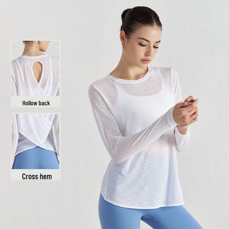Women's Breathable Long Sleeve Yoga Top with Crossed Hem and Sun Protection
