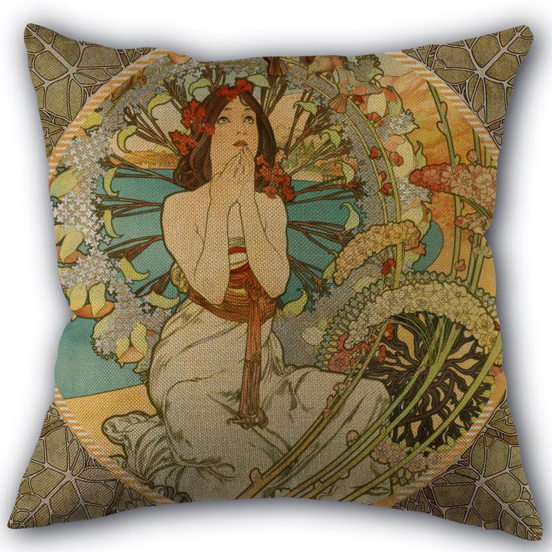 Custom Alphonse Mucha Art Pillowcase Cotton Linen Fabric Square Zipper Pillowcase 45X45 Wedding Decorative Pillow Cover