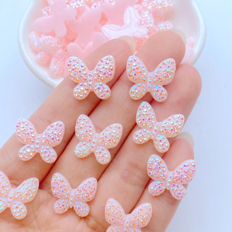 50Pcs New Cute Mini 14*15mm Shiny Butterfly Flat Back Resin Nail Enhancement  Jewelry Craft Decoration Accessorie