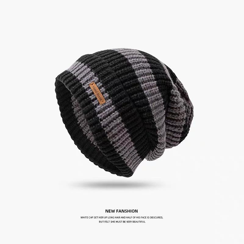 Japanese Style Striped Loose-Fit Wool Hat - Unisex Autumn/Winter Warm Knitted Slouchy Beanie