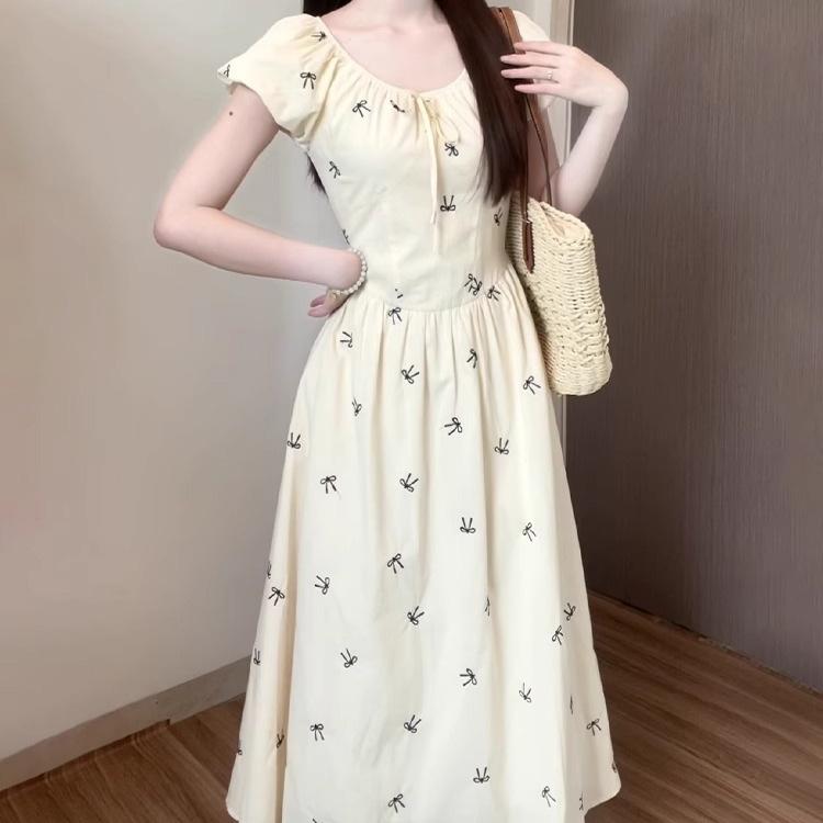 Gentle Wind Floral Bubble Sleeve Dress Women's Summer New Bow Niche Design Temperament Beautiful Long Dress