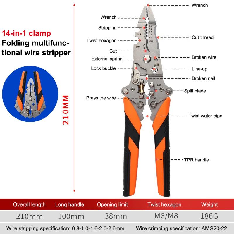 1pc Wire Stripper Foldable Cable Cutter Stripper Pliers Multifunctional Electrician Hand Tool For Wires Cutting Crimping Winding