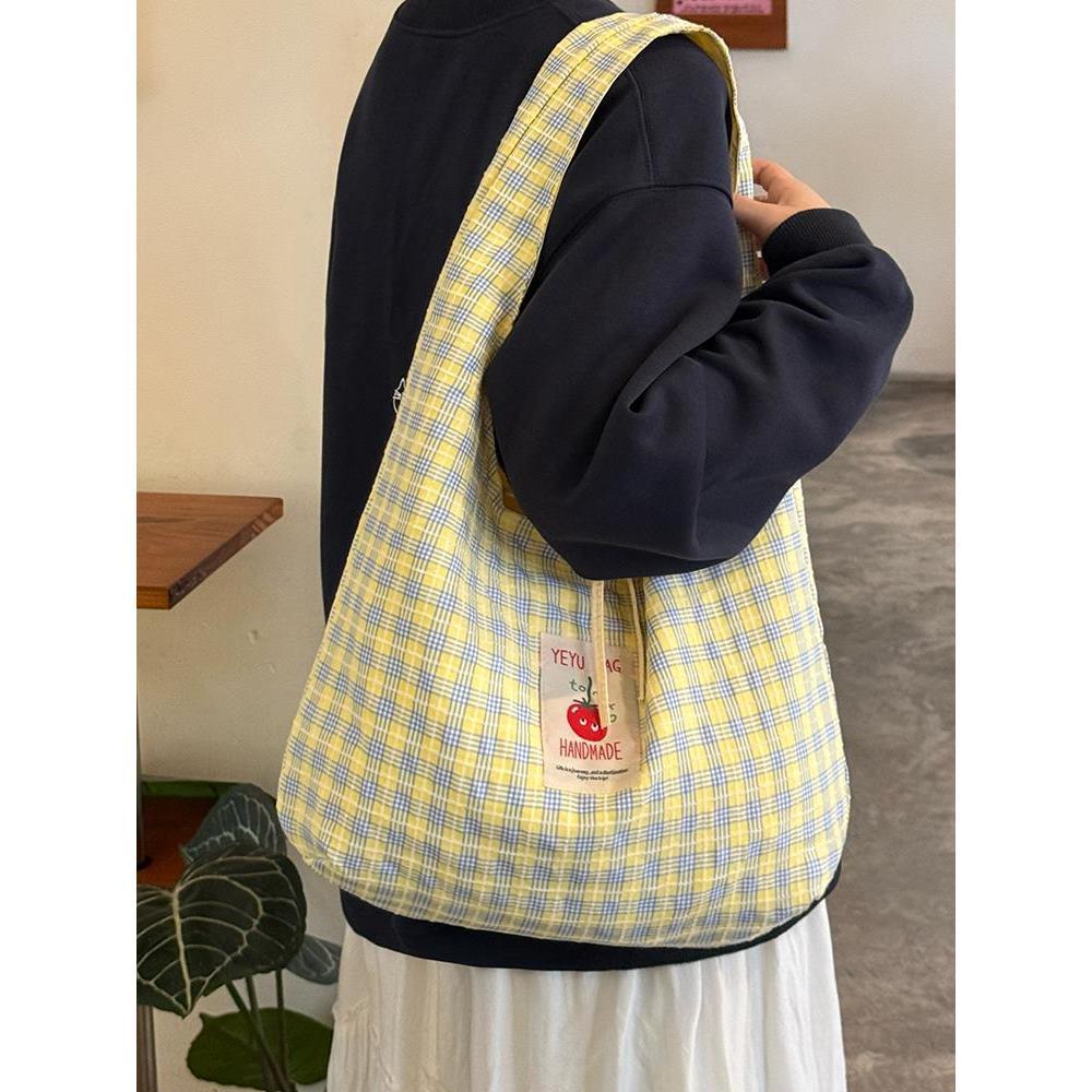 

Корейская маленькая свежая двусторонняя клетчатая холщовая сумка, повседневная сумка-тоут большой вместимости на плечо/подмышку, сумка-тоут в университетском стиле жёлтый