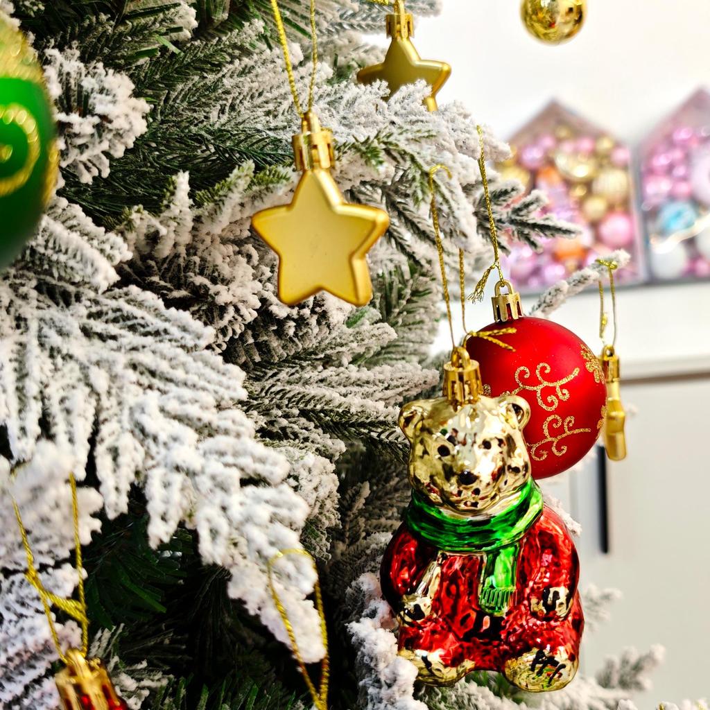 72-Piece Christmas Tree Decorations Set: Houses, Gift Boxes, Snowmen, Sleigh, and Painted Plastic Ornaments