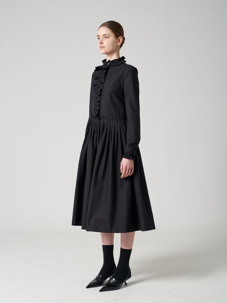 Seutyudiopolaenkeompeoni Poplin Pleated Ruffle Midi Dress