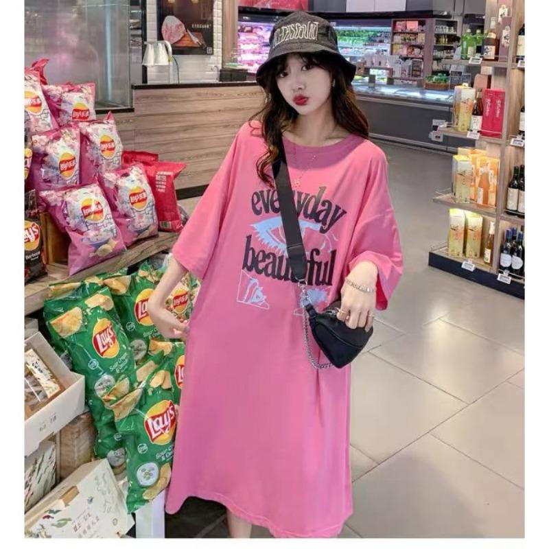 Summer Women s Dress with Summer Letter Print Slit Loose Short-sleeved Dress M