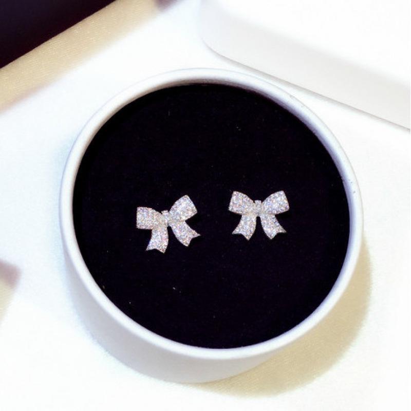 Korean Fashion Zirconia Bow Earrings for Women: Exquisite Silver Dangle Studs, Perfect for a Stylish Look and Internet Celebrity Appeal