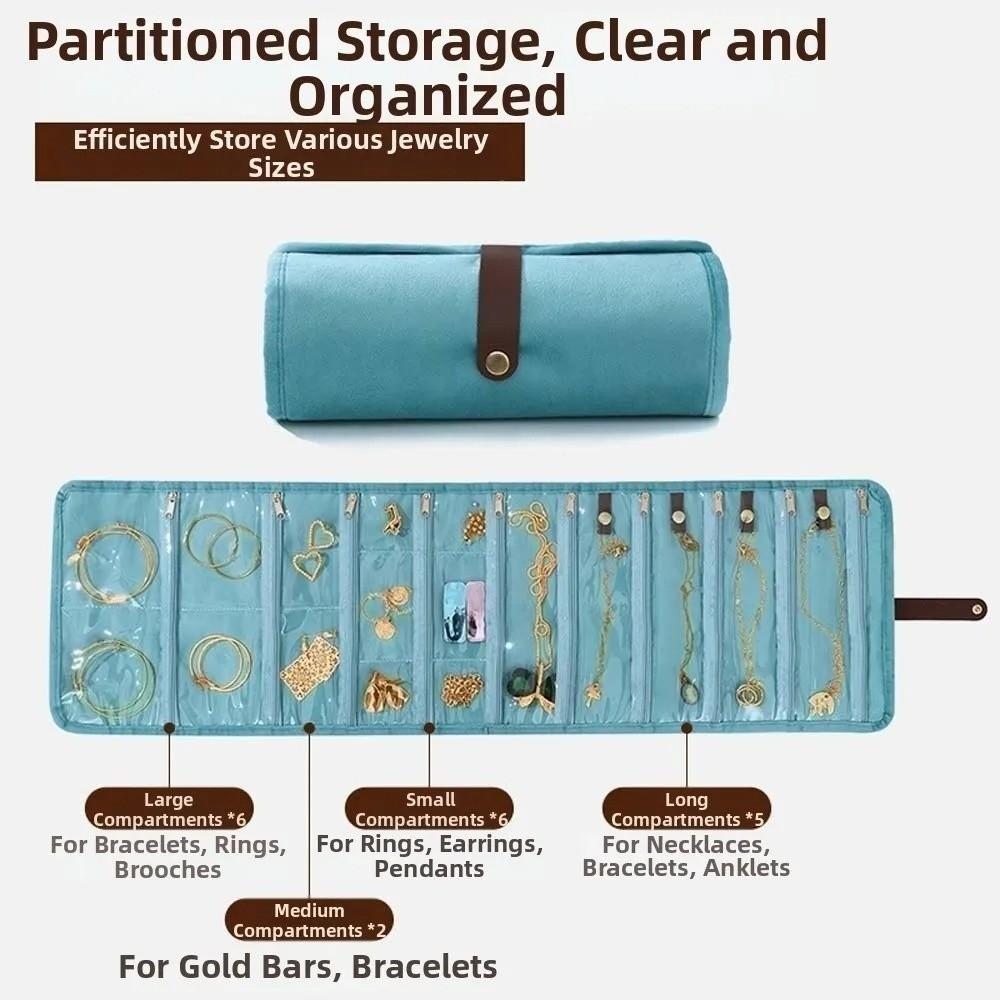 Roll-Up Style Jewelry Organizer Multi-pocket Zipper Anti-lost Jewelry Storage Pouch Flannel Foldable Storage Bag