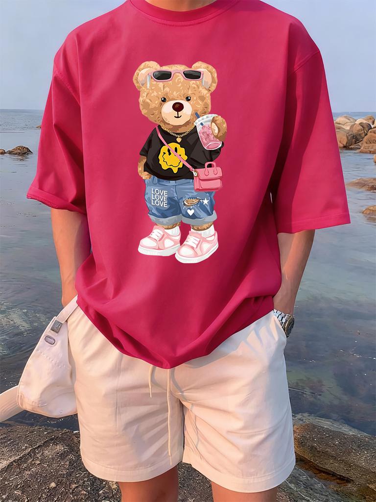 Bear Likes Drink Beverages Printed TShirts Women Summer Cotton Short Sleeve Tees Loose ONeck Soft Tops Basic Woman Clothes