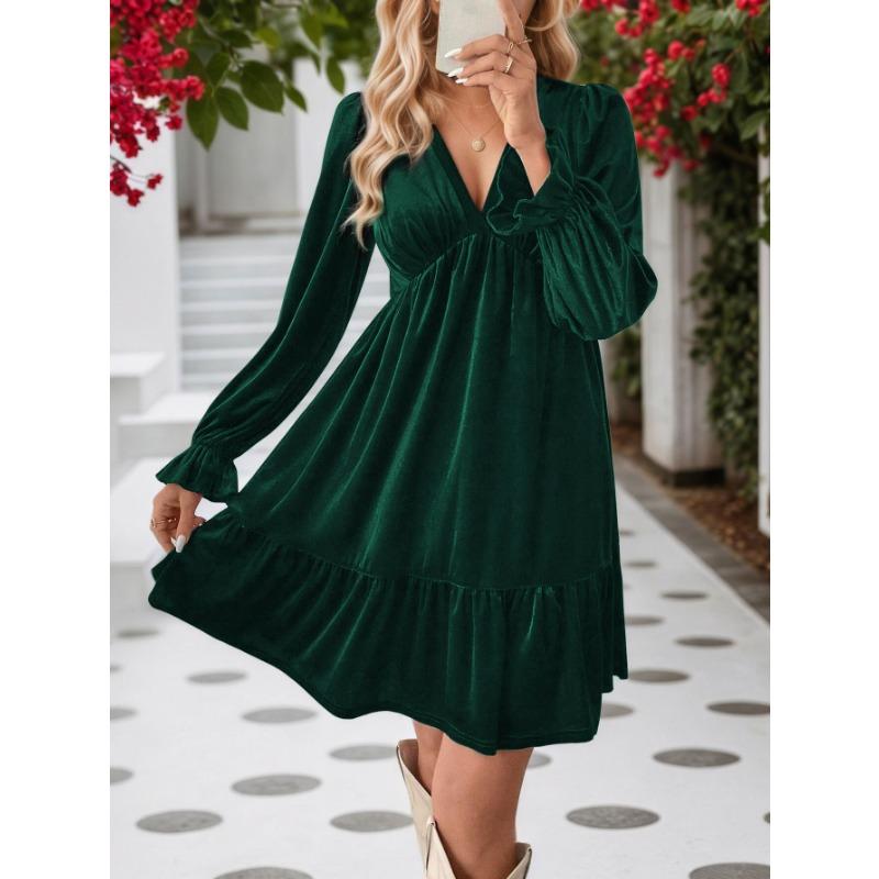 Women Elegant Velvet V Neck Long Sleeve High Waist A Line Short Dress
