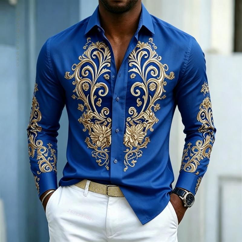 Camicia da uomo, top a maniche lunghe stile palazzo di lusso leggero, top con design a contrasto blu oro, abbigliamento uomo business casual