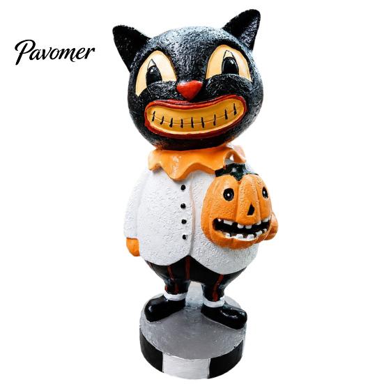 Statua di Gatto Dipinta a Mano Figure Nere, Ornamento Vintage di Halloween con Zucca, Piccola Decorazione per Davanzale Resina Retrò Decorazione da Tavolo