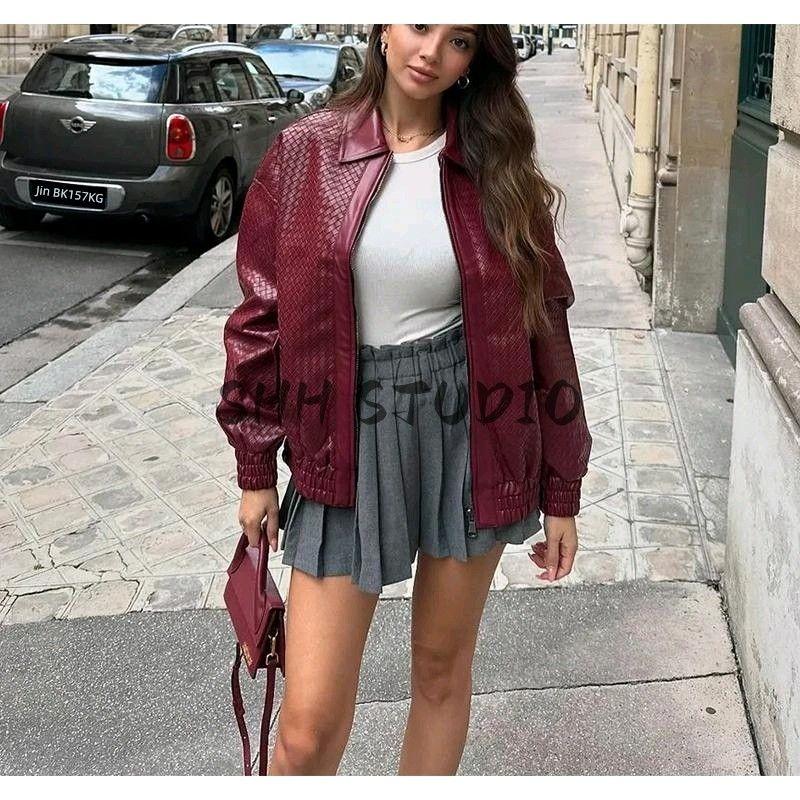 Spring New Women's Clothing Locomotive Style Casual Retro Artificial Woven Leather Pilot Jacket Baggy Coat