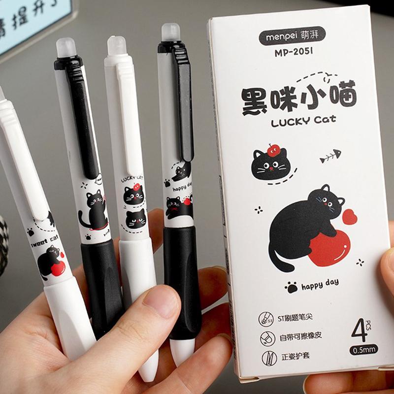 4Pcs Push-Button Erasable Pen With Black Kitten Design High-Quality 0.5Mm Thickness Suitable For Elementary School Students