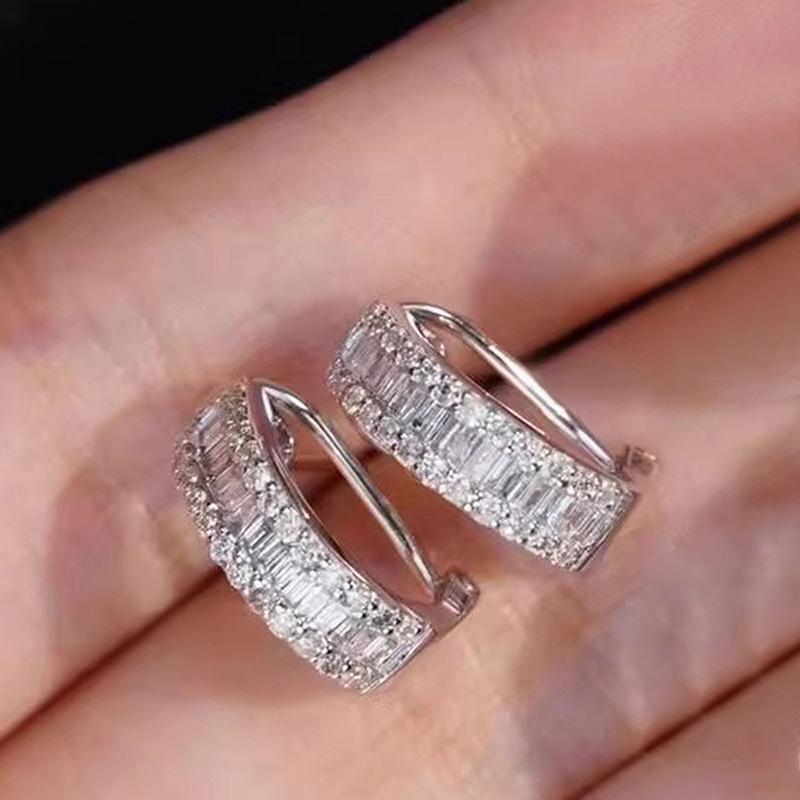Silver Plated Baguette & Round CZ Huggie Hoop Earrings, Sparkling Pave Crystal Earrings for Women