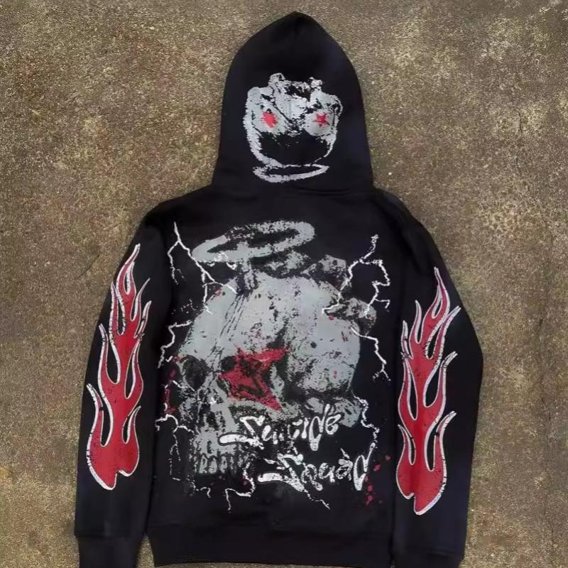 European and American Y2K Retro Harajuku Street Dark Hip-hop High Street Cartoon Printed Zipper Loose Hoodie