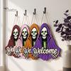 Front Porch Decor Halloween Skeleton Welcome Sign, Spooky Wooden Grim Reaper Shaped Door Rustic Hanging Sign Hanger, Horror Wall Plaque for