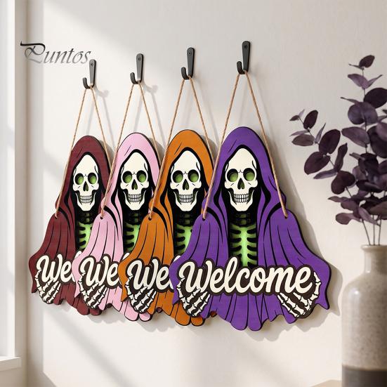 Front Porch Decor Halloween Skeleton Welcome Sign, Spooky Wooden Grim Reaper Shaped Door Rustic Hanging Sign Hanger, Horror Wall Plaque for