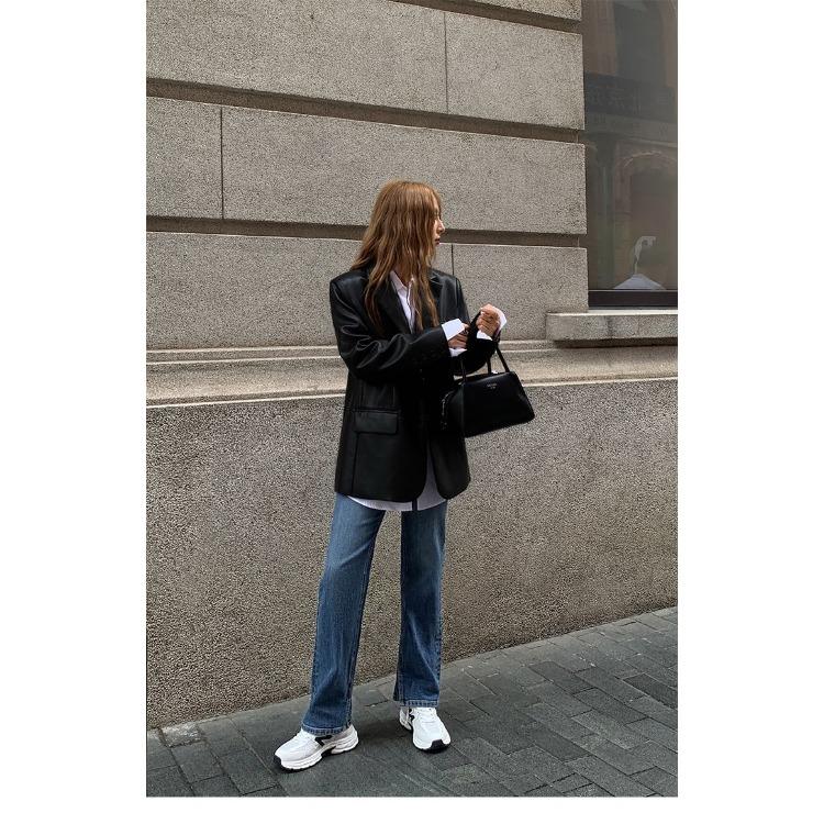 Black Long PU Leather Suit Jacket Women's Loose Spring Autumn Coat with Elegant Style Plus Size Leather Jacket