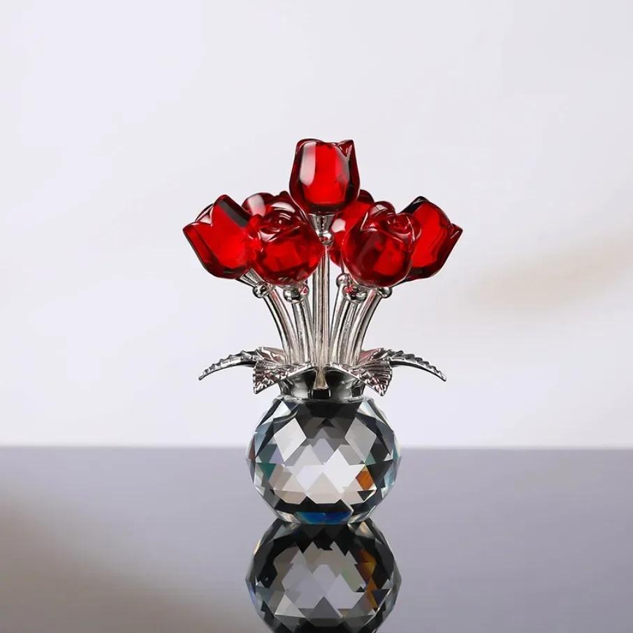 Crystal Red Rose Bouquet with Round Vase Figurines Gifts for Women Glass Bouquet Ornament Romantic Gifts Table Centerpiece
