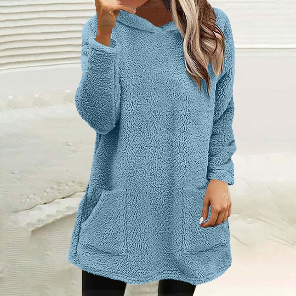Womens Fuzzy Fleece Pullover  Double  Hoodies Ladies Warm Tops Winter Cozy Sweatshirt With Pockets