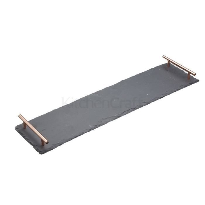 Plat De Service - Kitchen Craft - 60x15cm - Ardoise Naturelle - Poignées En Cuivre - Rectangulaire