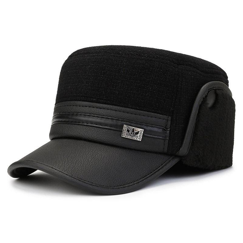Winter New Men's Flat Top Hat Leather Hat Outdoor Windproof Grandfather Velvet Thickened Ear Protector Warm Hat