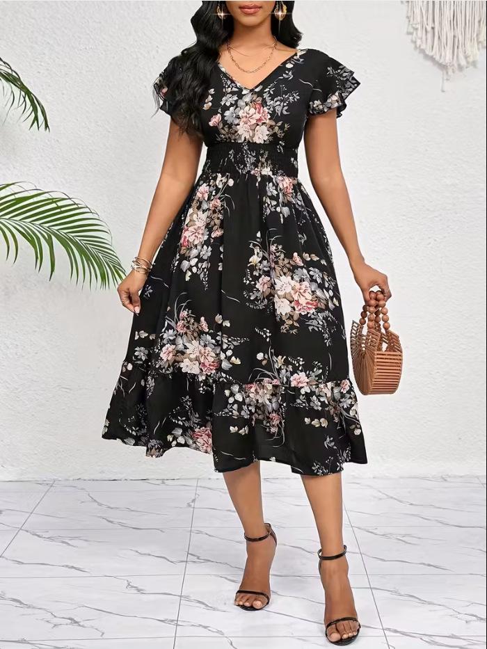 2025 Cross-Border Spring/Summer Elastic Waist Ruffle Short Sleeve Printed Dress 3XL чёрный
