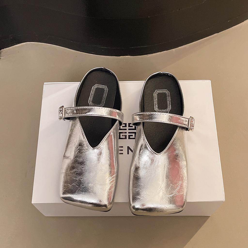 2025 spring new fashion Korean version of simple belt buckle square head bag head half drag without heel lazy slippers women