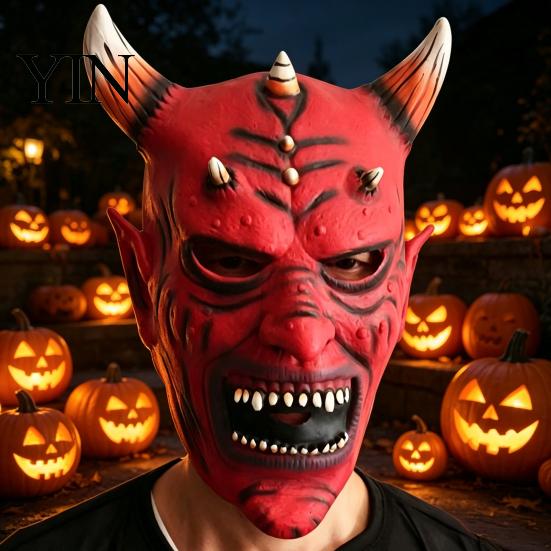 Comfortable Horror Props for Adults Red Devil Masque, Scary Demon Full Face Masque with Reusable Events Horn, Adult Latex Cosplay Costume Halloween,