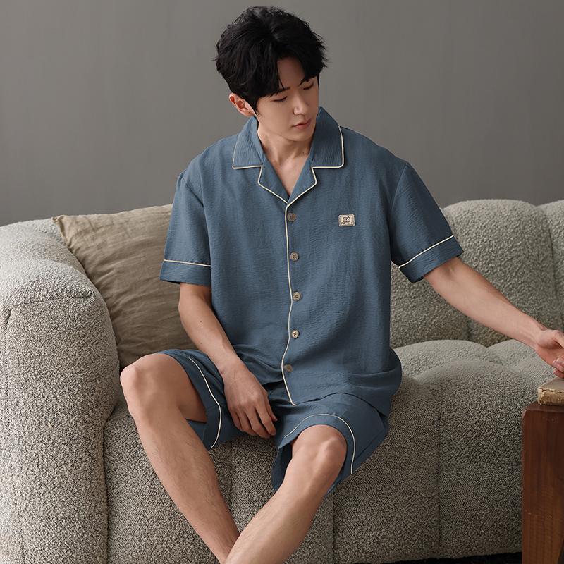 

Новый летний тонкий хлопковый мужской пижамный комплект с коротким рукавом, кардиган, однотонная мужская пижама, домашняя одежда, топы и шорты, комплект из 2 предметов для сна XXXL