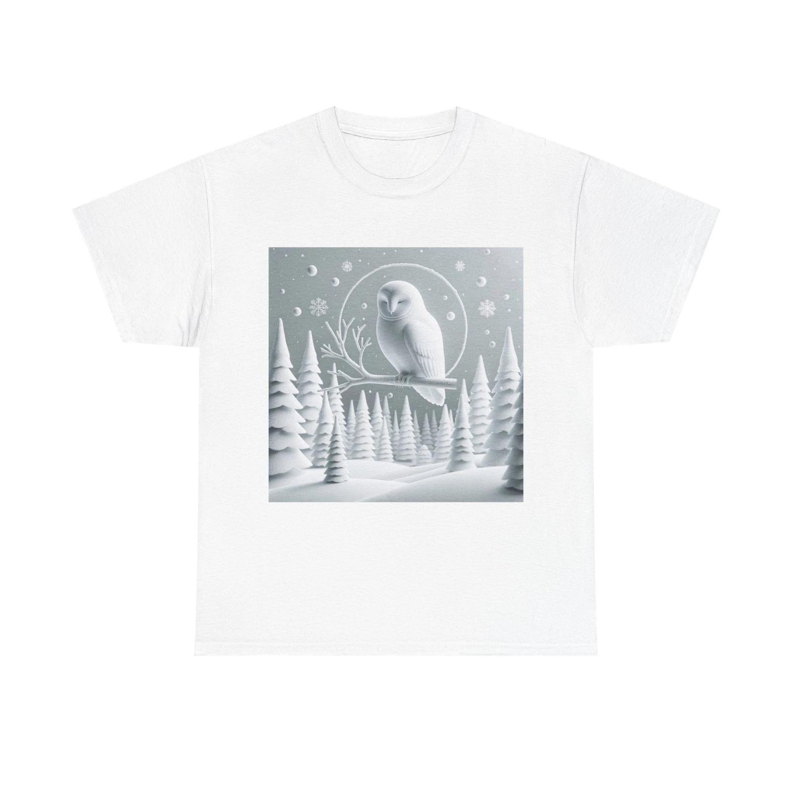 Unisex Adult T Shirt Minimalist Owl in Snowy Pine Forest L