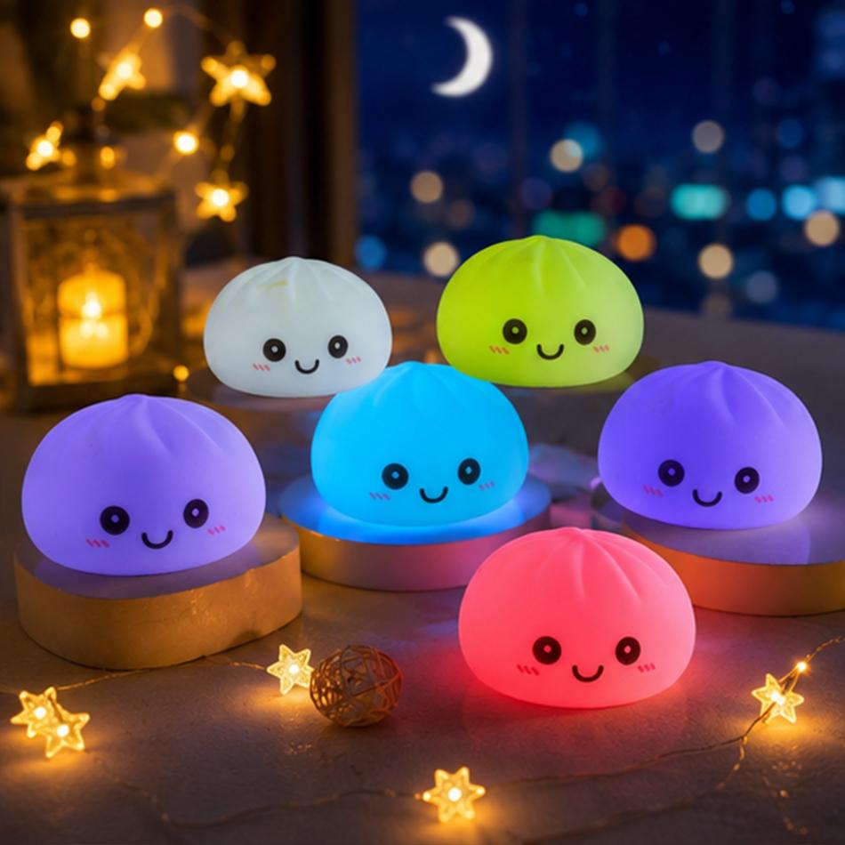 2027 Simulation Dumpling Squishy Night Light Soft Lightup Bubble Spitting Bun Birthday Gift Colorful Dumping Toy Squishy Gifts