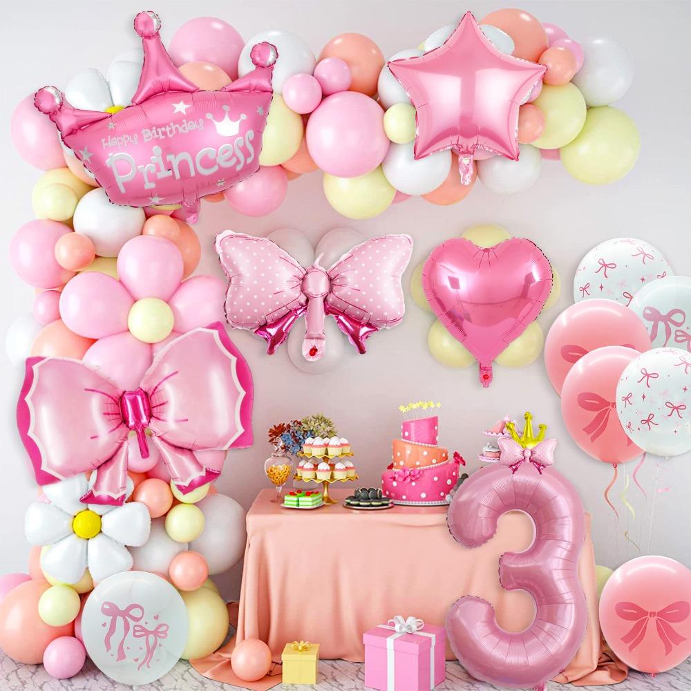 Princess 3rd Birthday Party Decorations 40 Inch Large Pink Crown 3 Balloon for Girls’ Princess Supplies Favors Anniversaries