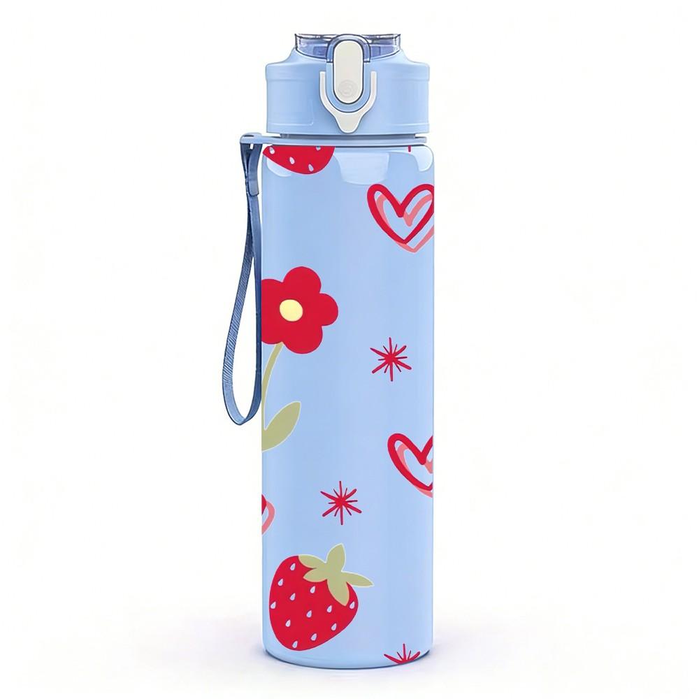 1PC Strawberry And Heart Cute Sweet Pattern 750ml Color Plastic Sports Water Bottle Leakproof Flip Straw Lid Suitable for Sports Office Home Use