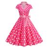 Damen Vintage Reverskragen Patchwork Polka Dot Ausgestelltes Kleid mit gestreiftem Taillengürtel Knopfleiste Vorne Retro Stil Swing Kleid