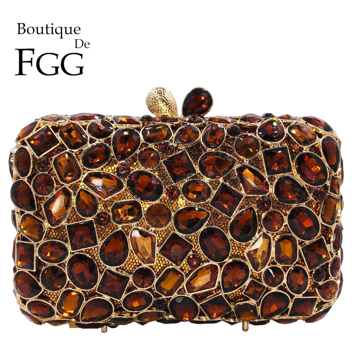 

Boutique De FGG Brown Evening Bags and Clutches for Women Formal Clutch Bag Wedding Party Rhinestone Clutch Purse Brial Bag Mini Size