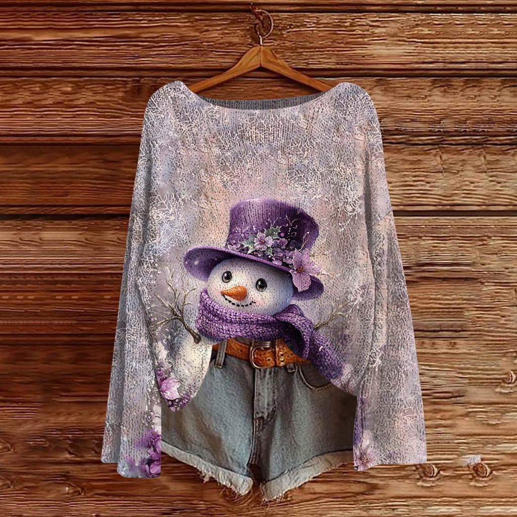 Women's Fashion Christmas Print Lightweight Sweater Casual Long-Sleeve Knit Pullover Top