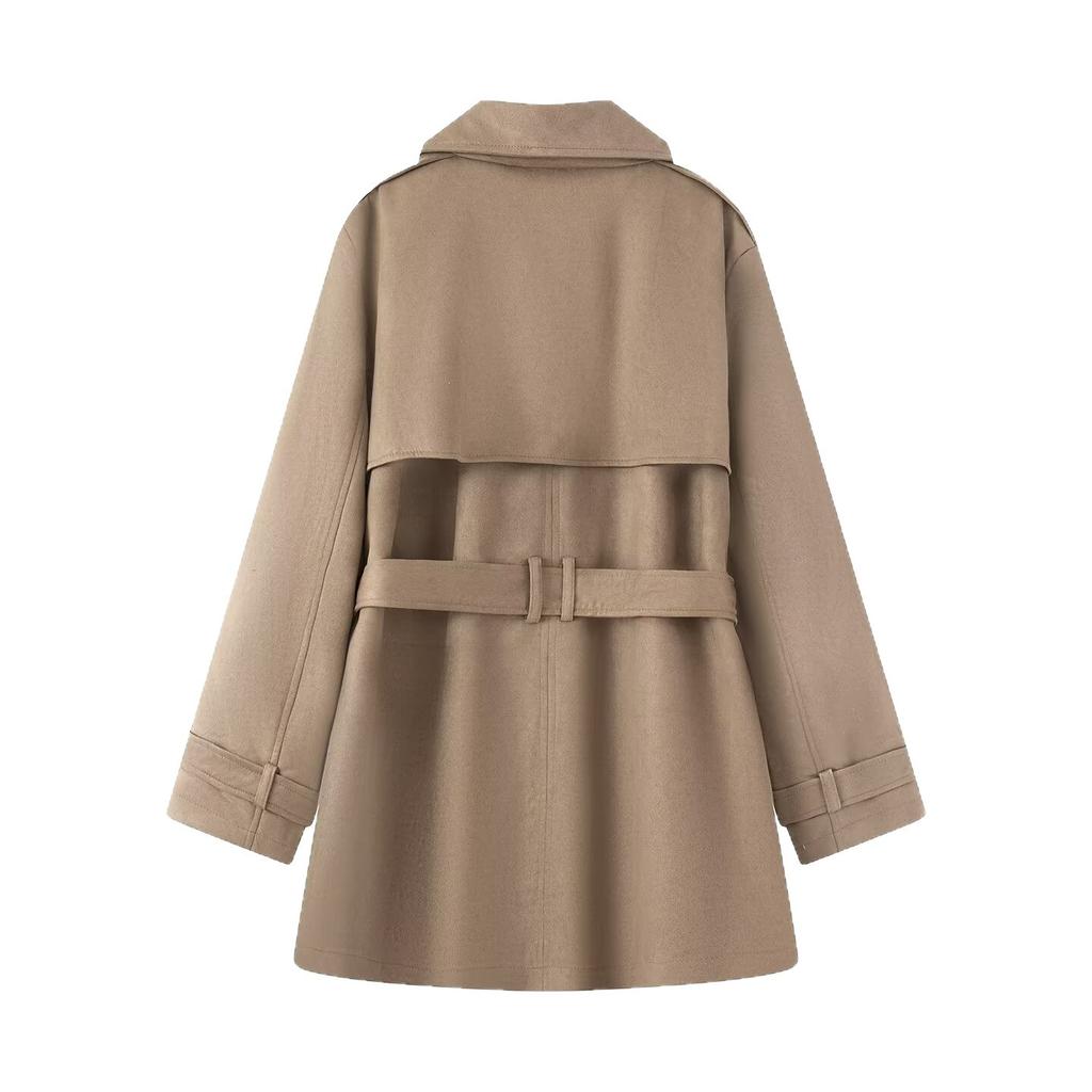 European and American Style, French Style, Women's Clothing, Fashion Lapel Pocket Decoration, Suede Effect Woolen Trench Coat